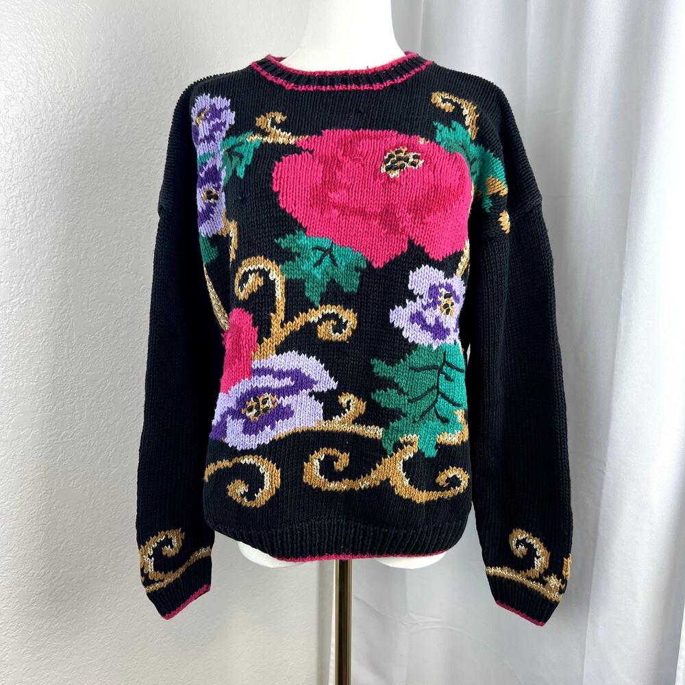VTG Grannycore Sweater Womens‎ Small Black Floral Hand Knit Artsy 90s Cottage